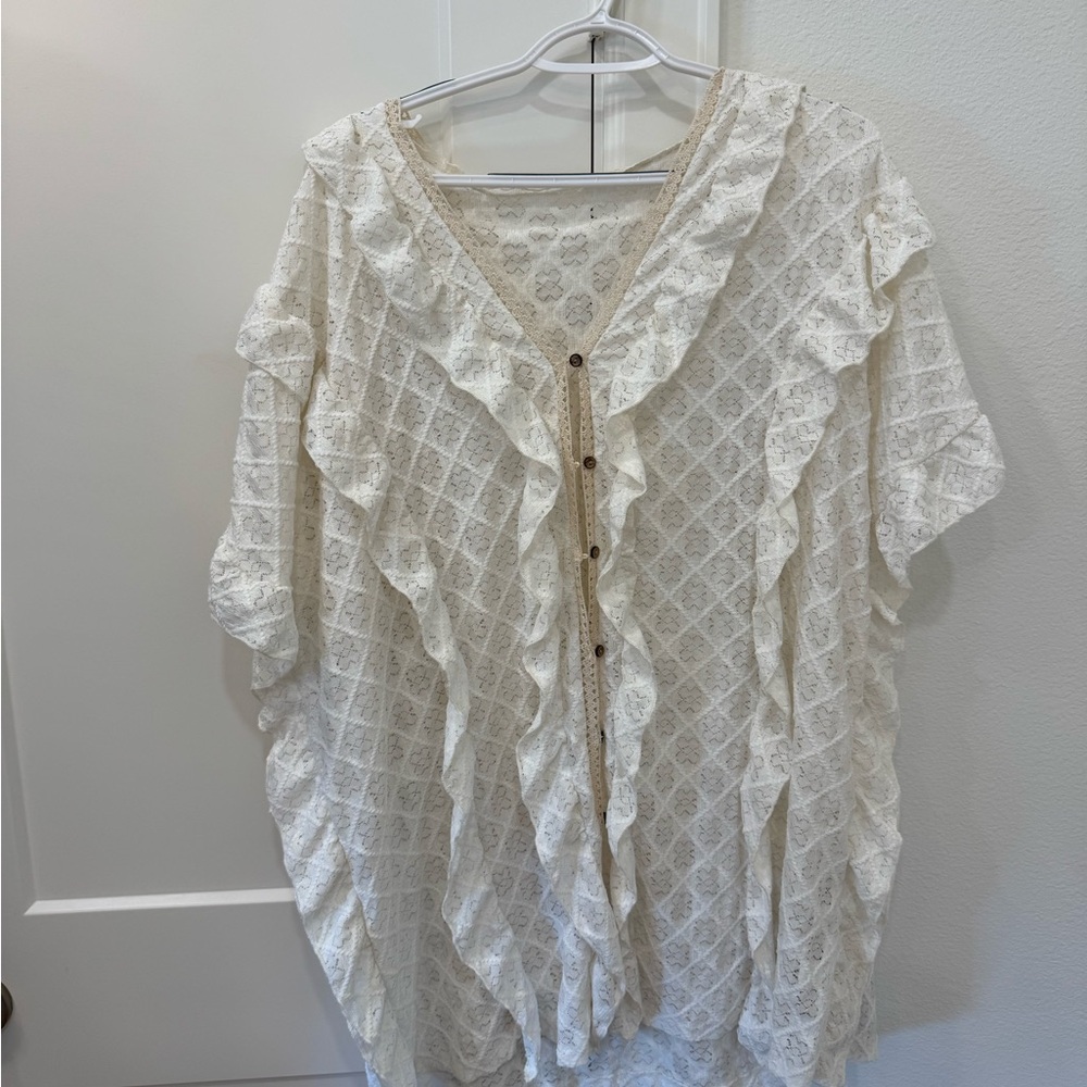 Cream Boxy Blouse with Ruffled Bib Collar